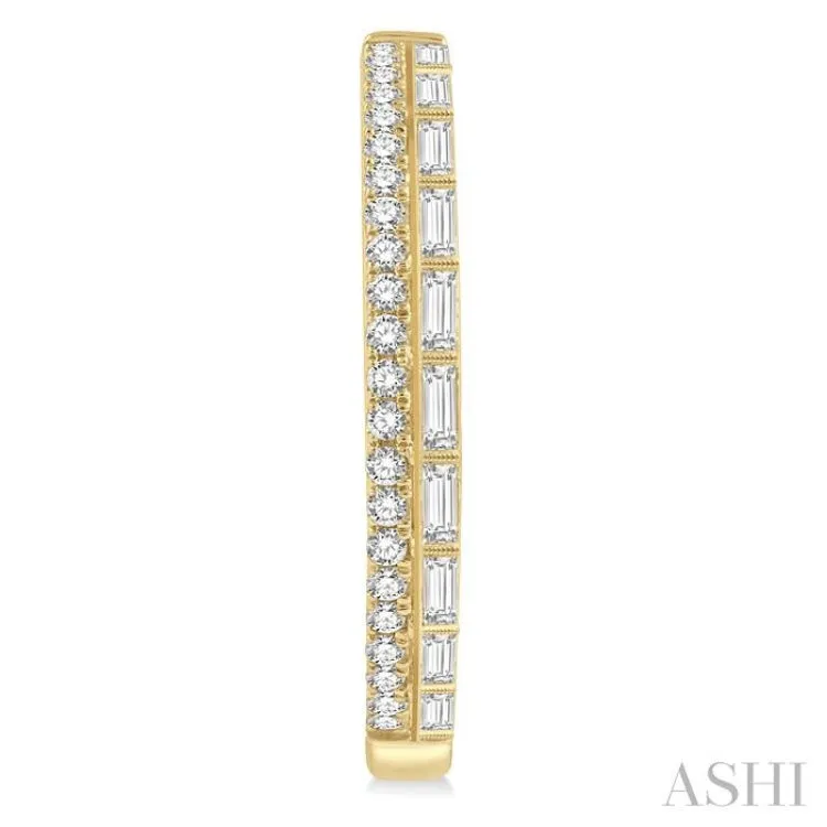 1 ctw Fusion Baguette and Round Cut Diamond Fashion Hoop Earring in 14K Yellow Gold