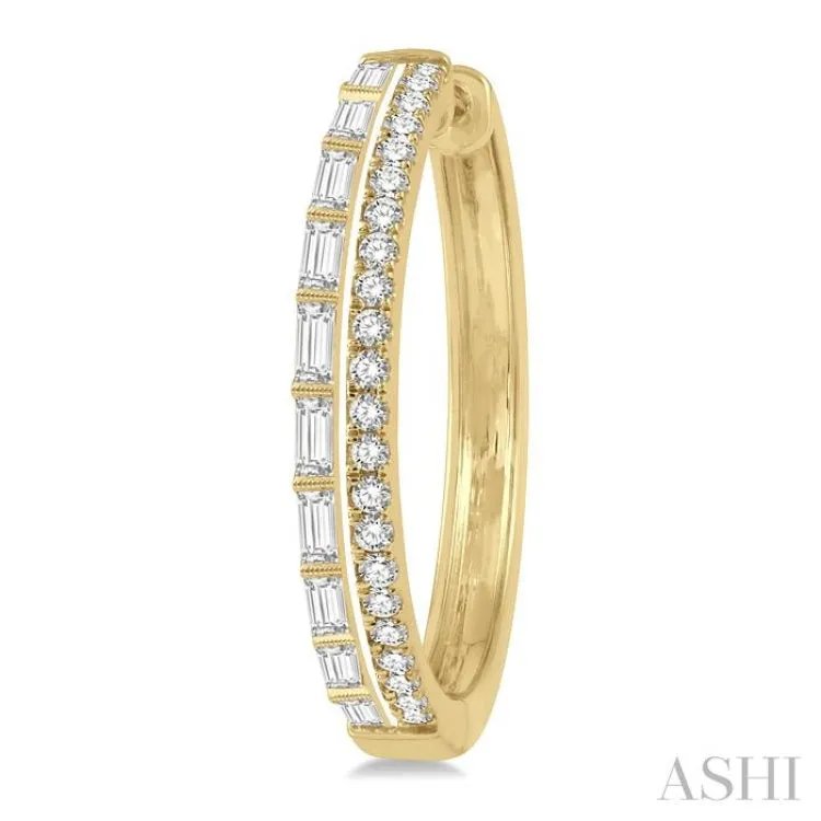 1 ctw Fusion Baguette and Round Cut Diamond Fashion Hoop Earring in 14K Yellow Gold