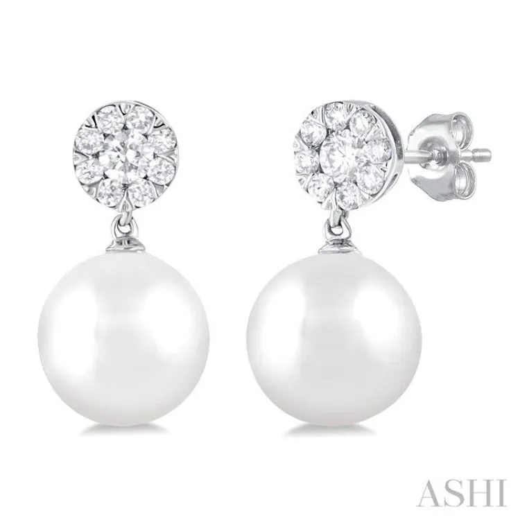 1/4 ctw Disc Top Lovebright 7X7MM Cultured White Pearl and Round Cut Diamond Fashion Earrings in 14K White Gold