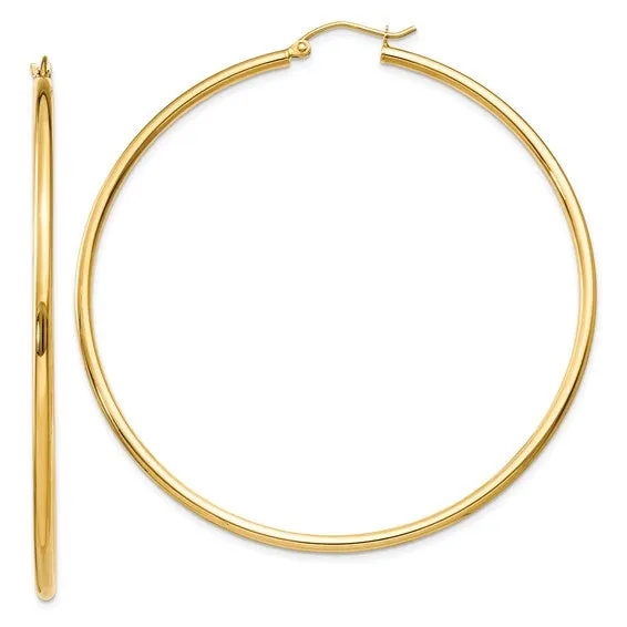 14k Gold Polished 2x60mm Lightweight Tube Hoop Earrings