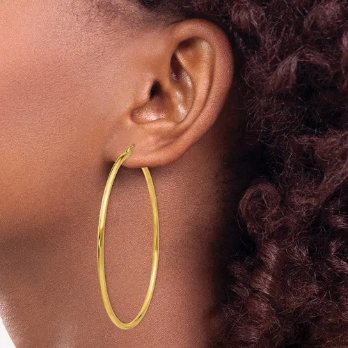 14k Gold Polished 2x60mm Lightweight Tube Hoop Earrings