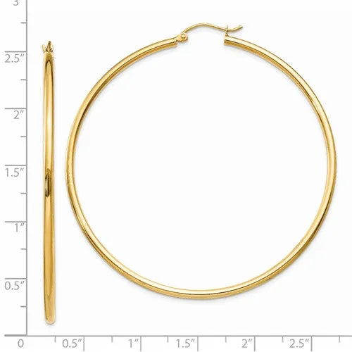 14k Gold Polished 2x60mm Lightweight Tube Hoop Earrings