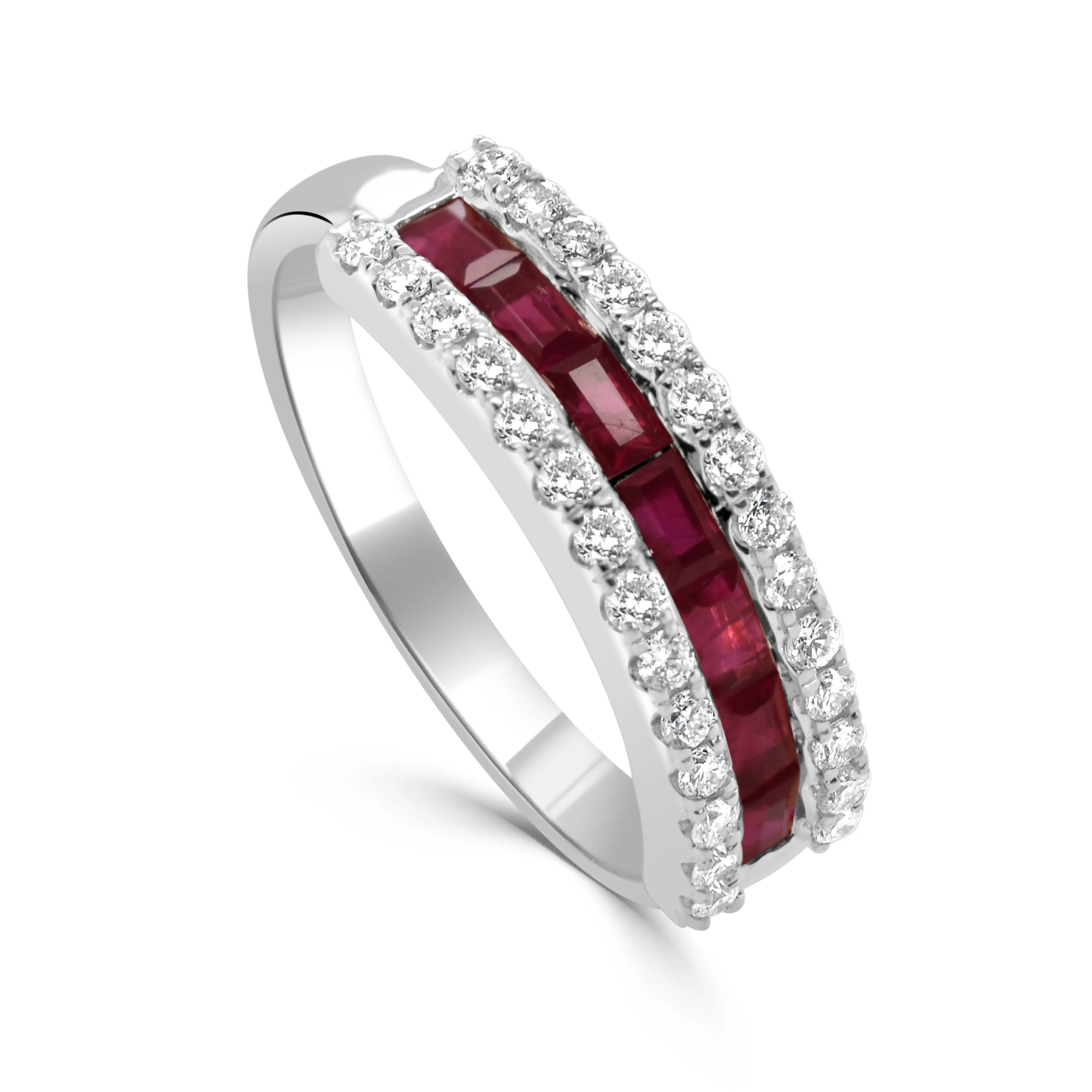 14K Gold Round Diamond and Ruby Baguette Ring