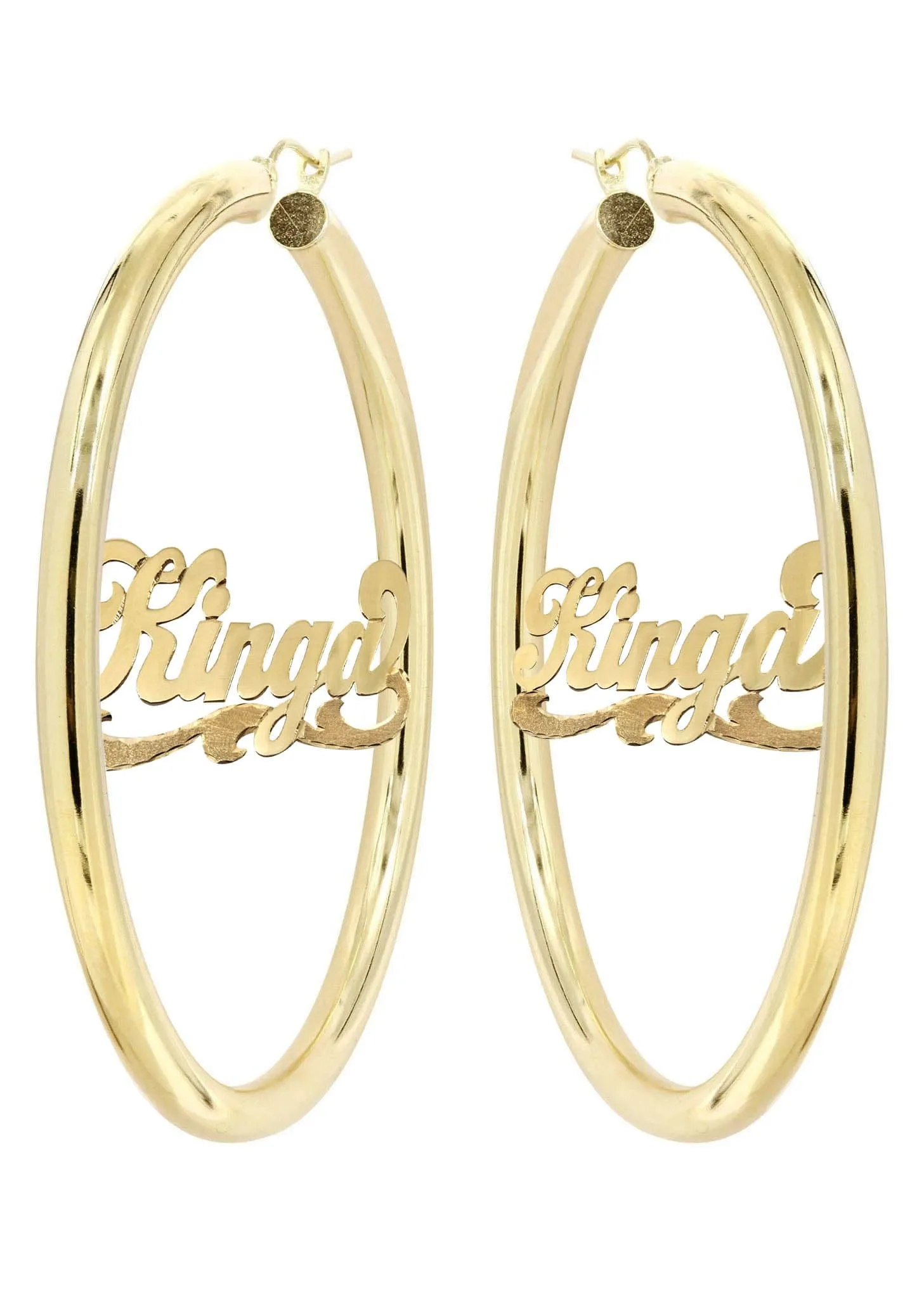 14K Ladies Plain with Diamond Cut Name Plate Hoop Earrings