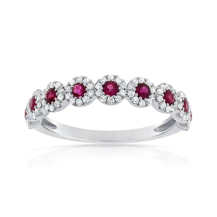 14K White Gold Diamond Halo Ruby Ring