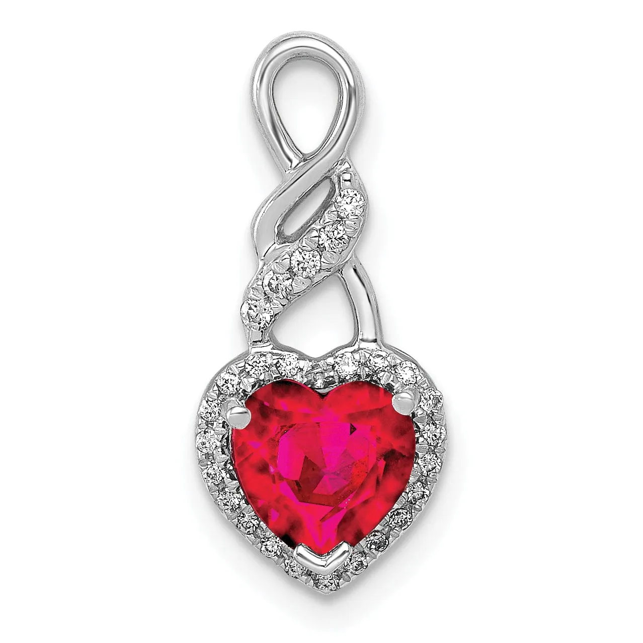 14k White Gold Polished Finish Open Back 0.076-CT Diamond & 0.98-CT Ruby Heart Fancy Design Chain Slide Pendant