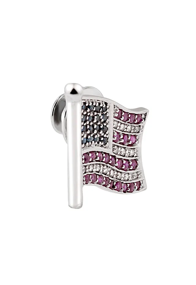 14K White Gold Ruby, Sapphire and Diamond US Flag Pin, 1.12 TCW