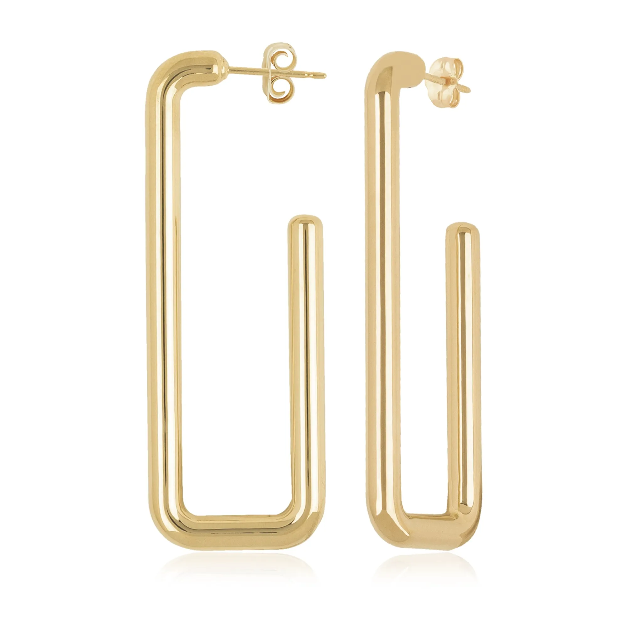 14K YELLOW GOLD LONG TUBE RECTANGULAR J HOOP EARRINGS