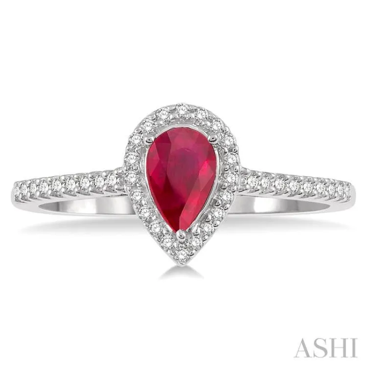 1/5 Ctw Pear Shape 6x4 MM Ruby & Round Cut Diamond Precious Ring in 10K White Gold