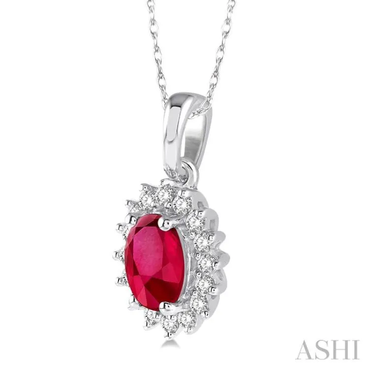 1/8 Ctw Round Cut Diamond and Oval Cut 6x4 MM Ruby Center Sunflower Precious Pendant in 10K White Gold with chain