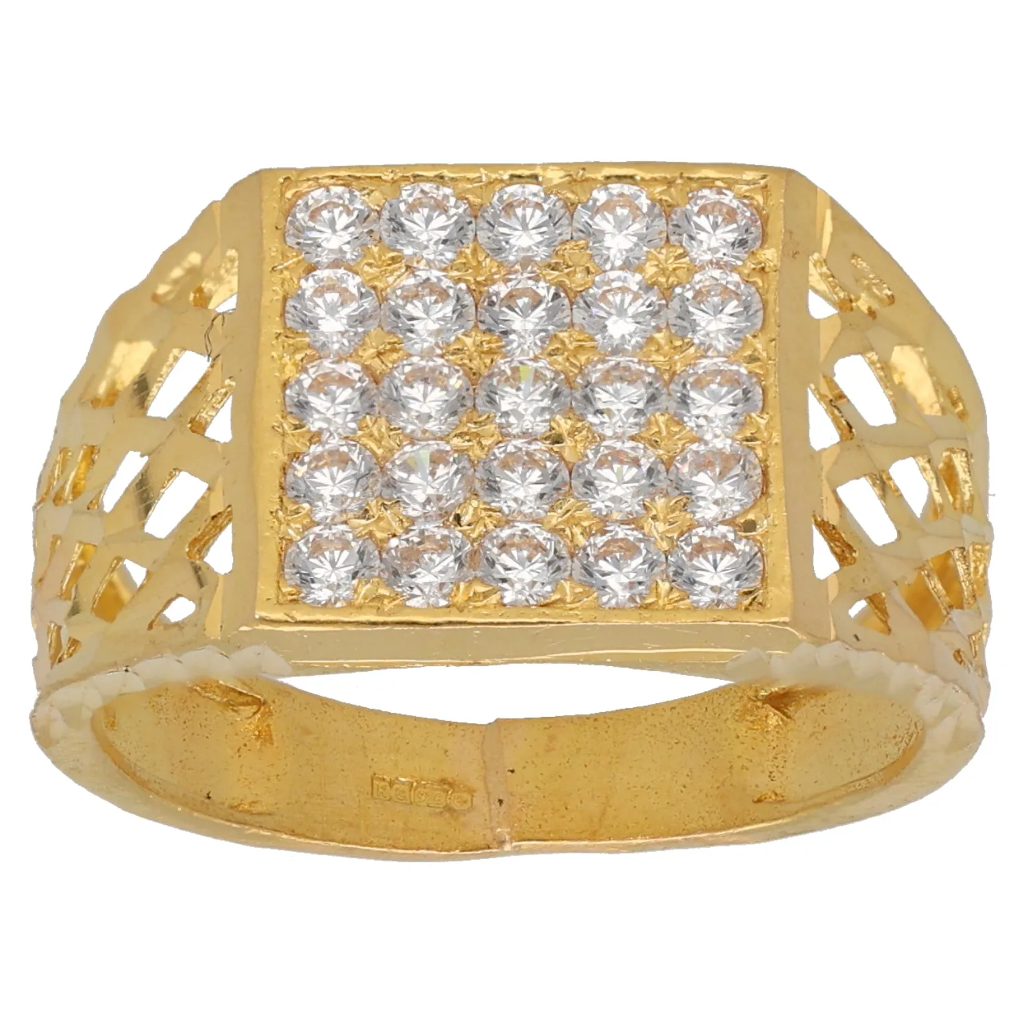 22ct Gold Cubic Zirconia Patterned Signet Ring Size O