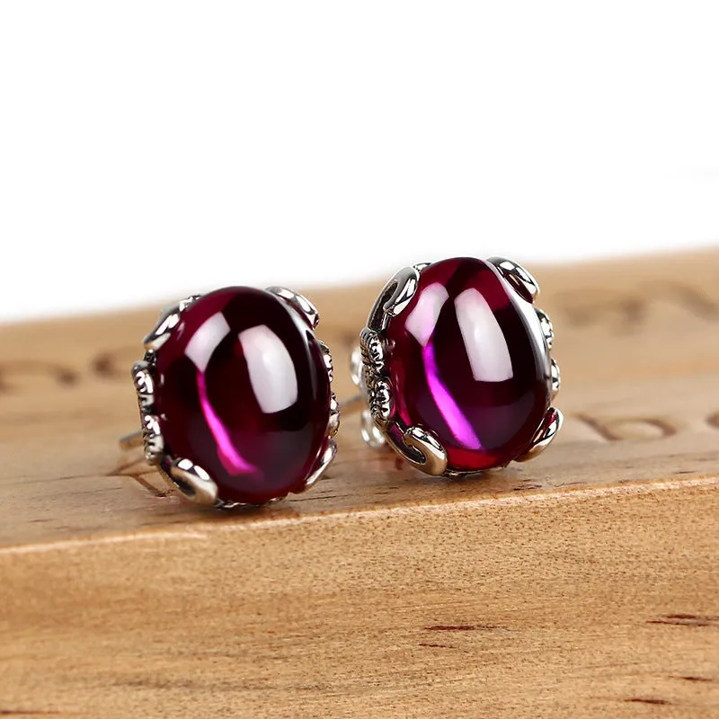 925 Sterling Silver Earrings For Women Vintage Chalcedony Ruby Gemstone Stud Earrings Jewelry