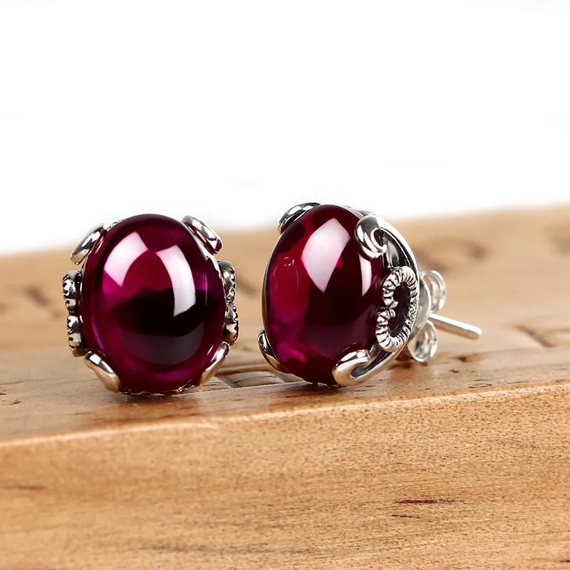 925 Sterling Silver Earrings For Women Vintage Chalcedony Ruby Gemstone Stud Earrings Jewelry