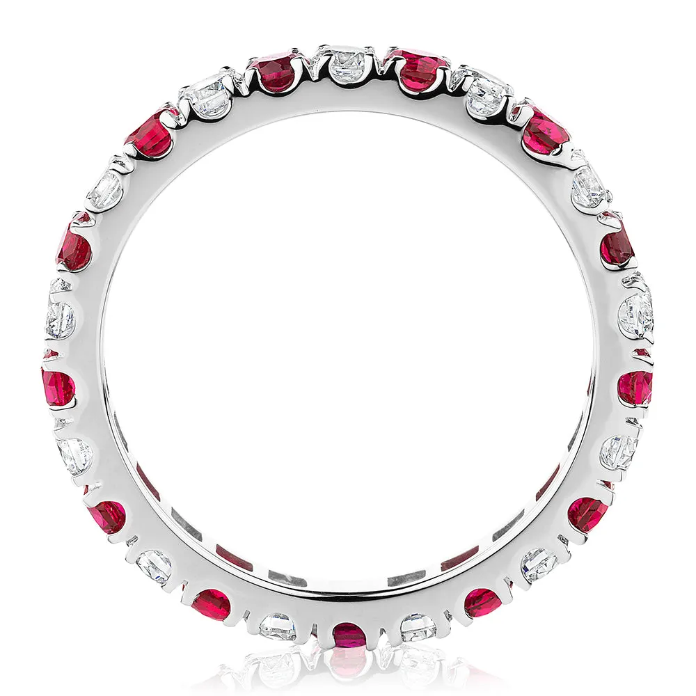 All-rounder eternity band with ruby simulants and 0.78 carats* of diamond simulants in 14 carat white gold