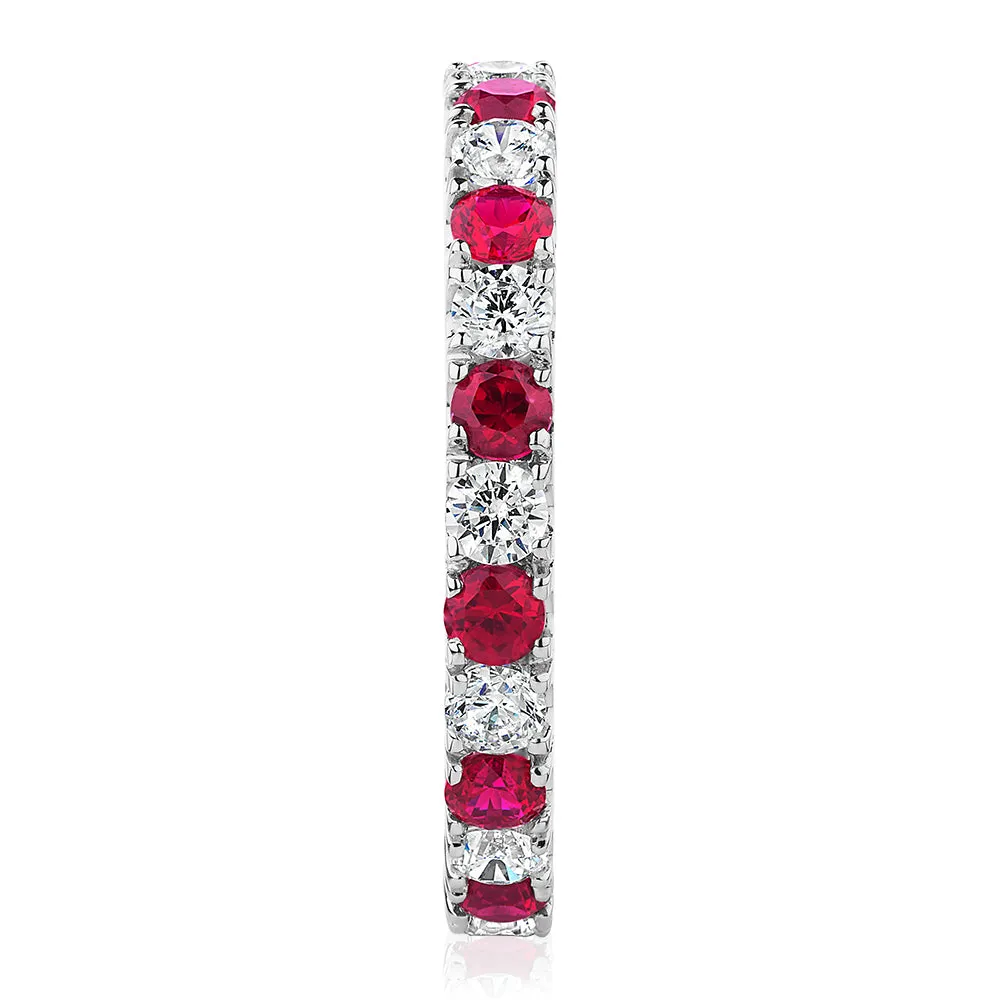 All-rounder eternity band with ruby simulants and 0.78 carats* of diamond simulants in 14 carat white gold