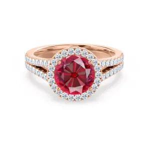 AMELIA - Chatham® Lab Grown Red Ruby & Diamond 18k Rose Gold Halo Ring