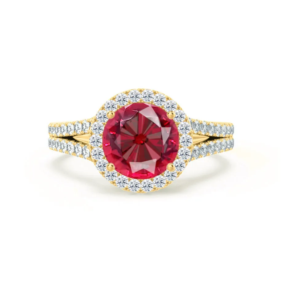 AMELIA - Chatham® Lab Grown Red Ruby & Diamond 18k Yellow Gold Halo Ring