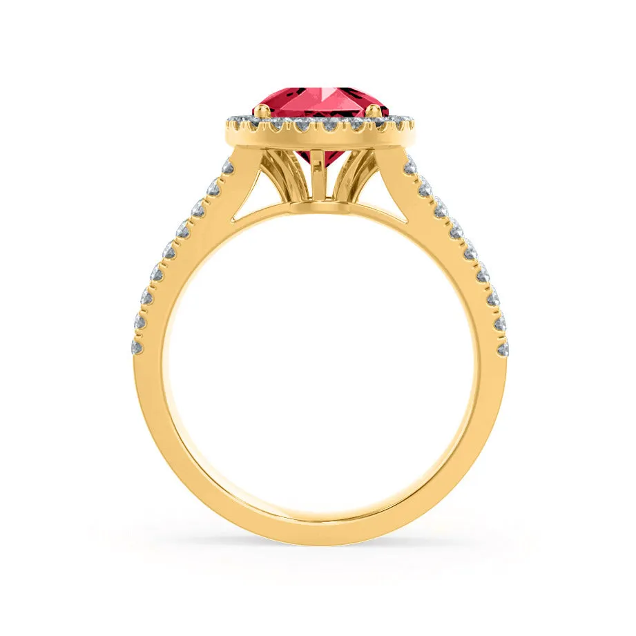 AMELIA - Chatham® Lab Grown Red Ruby & Diamond 18k Yellow Gold Halo Ring