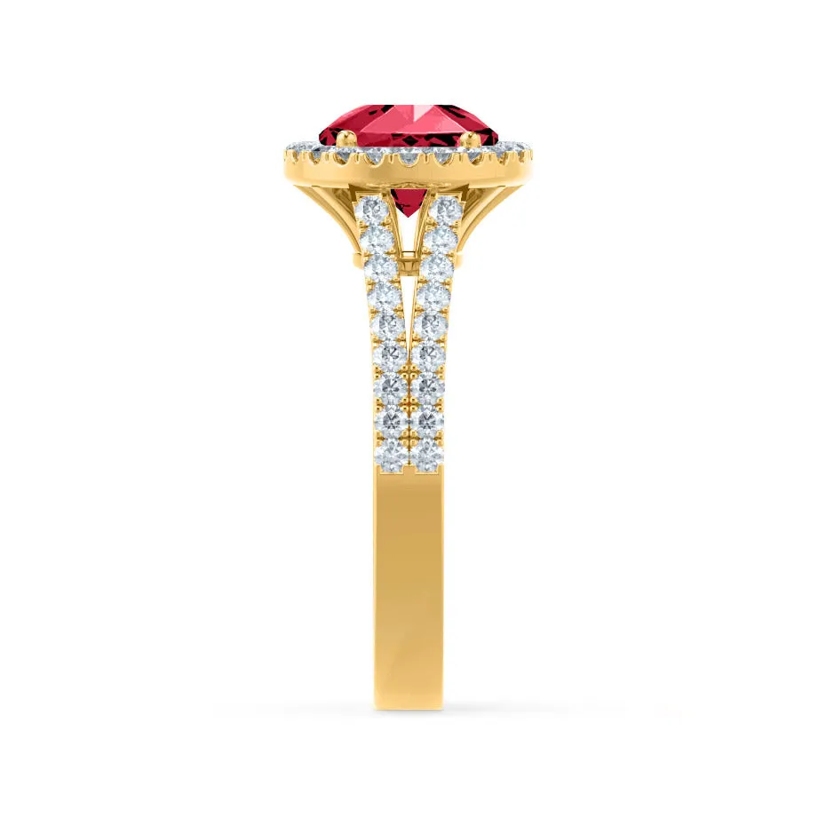 AMELIA - Chatham® Lab Grown Red Ruby & Diamond 18k Yellow Gold Halo Ring