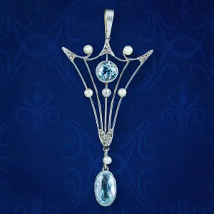 Antique Art Deco Aquamarine Pearl Diamond Pendant 15ct Gold Platinum