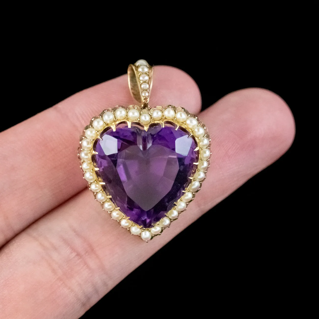 Antique Edwardian Amethyst Pearl Heart Pendant 18ct Gold Dated 1902