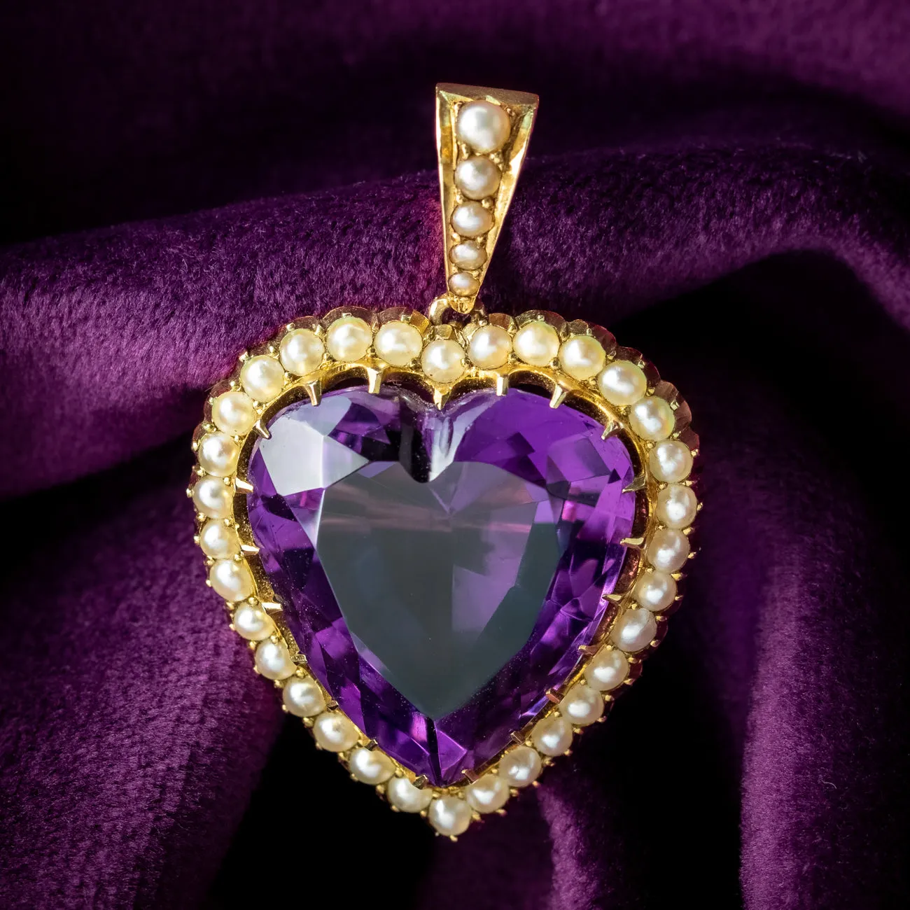 Antique Edwardian Amethyst Pearl Heart Pendant 18ct Gold Dated 1902