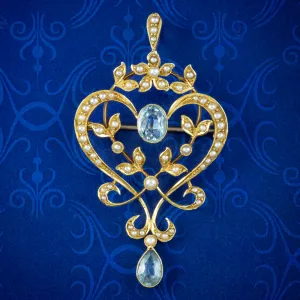 Antique Edwardian Aquamarine Pearl Pendant 15ct Gold