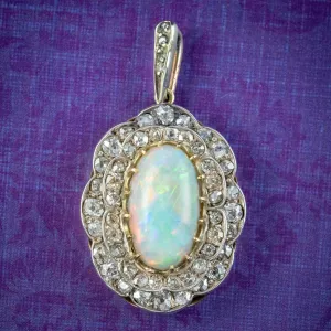 Antique Edwardian Opal Diamond Flower Pendant 6ct Opal