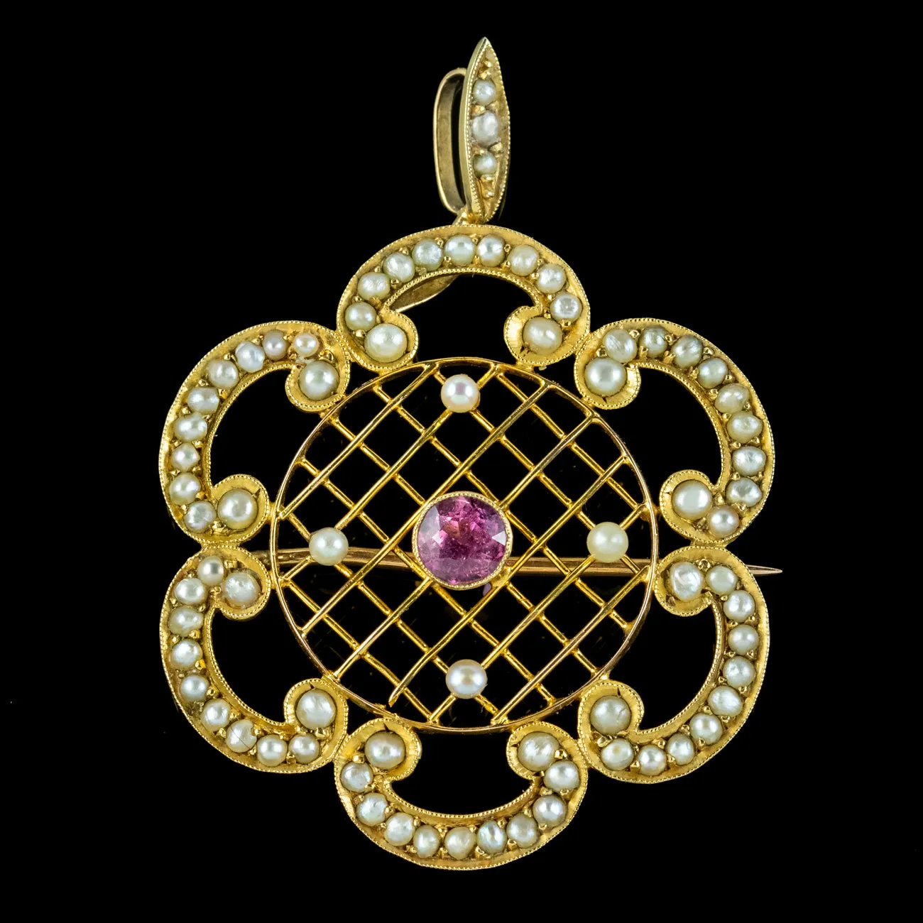 Antique Edwardian Pink Tourmaline Pearl Brooch 9ct Gold