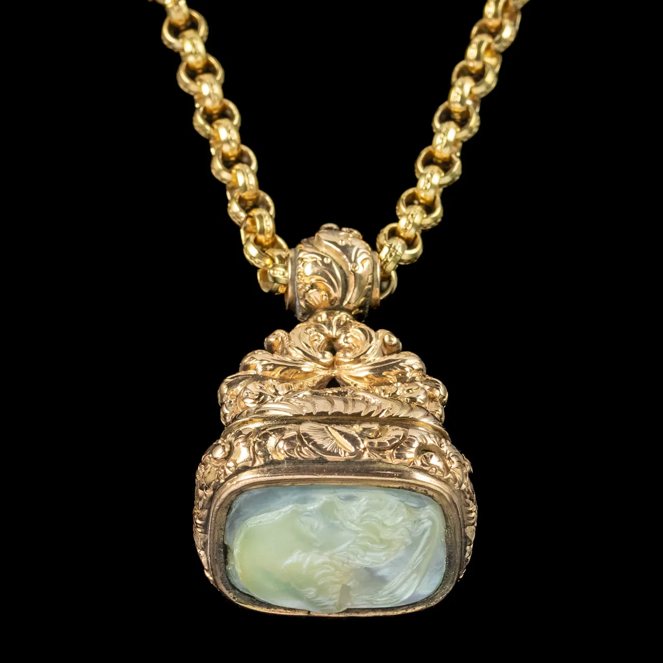 Antique Georgian Mother Of Pearl Intaglio Fob And Chain Pinchbeck Gold Gilt