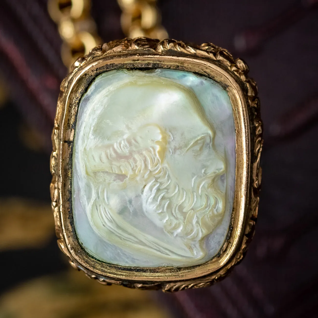 Antique Georgian Mother Of Pearl Intaglio Fob And Chain Pinchbeck Gold Gilt