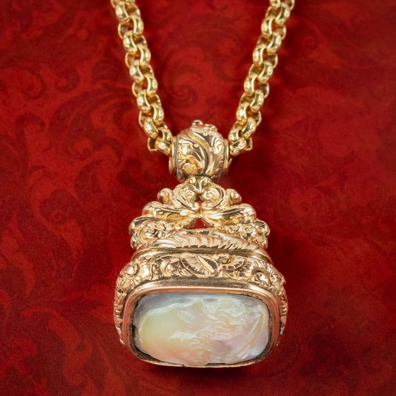 Antique Georgian Mother Of Pearl Intaglio Fob And Chain Pinchbeck Gold Gilt