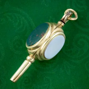 Antique Victorian Agate Watch Key Pendant 15ct Gold