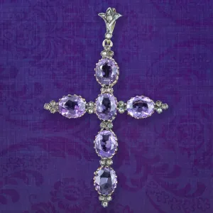 Antique Victorian Amethyst Diamond Cross Pendant 13.8ct Of Amethyst