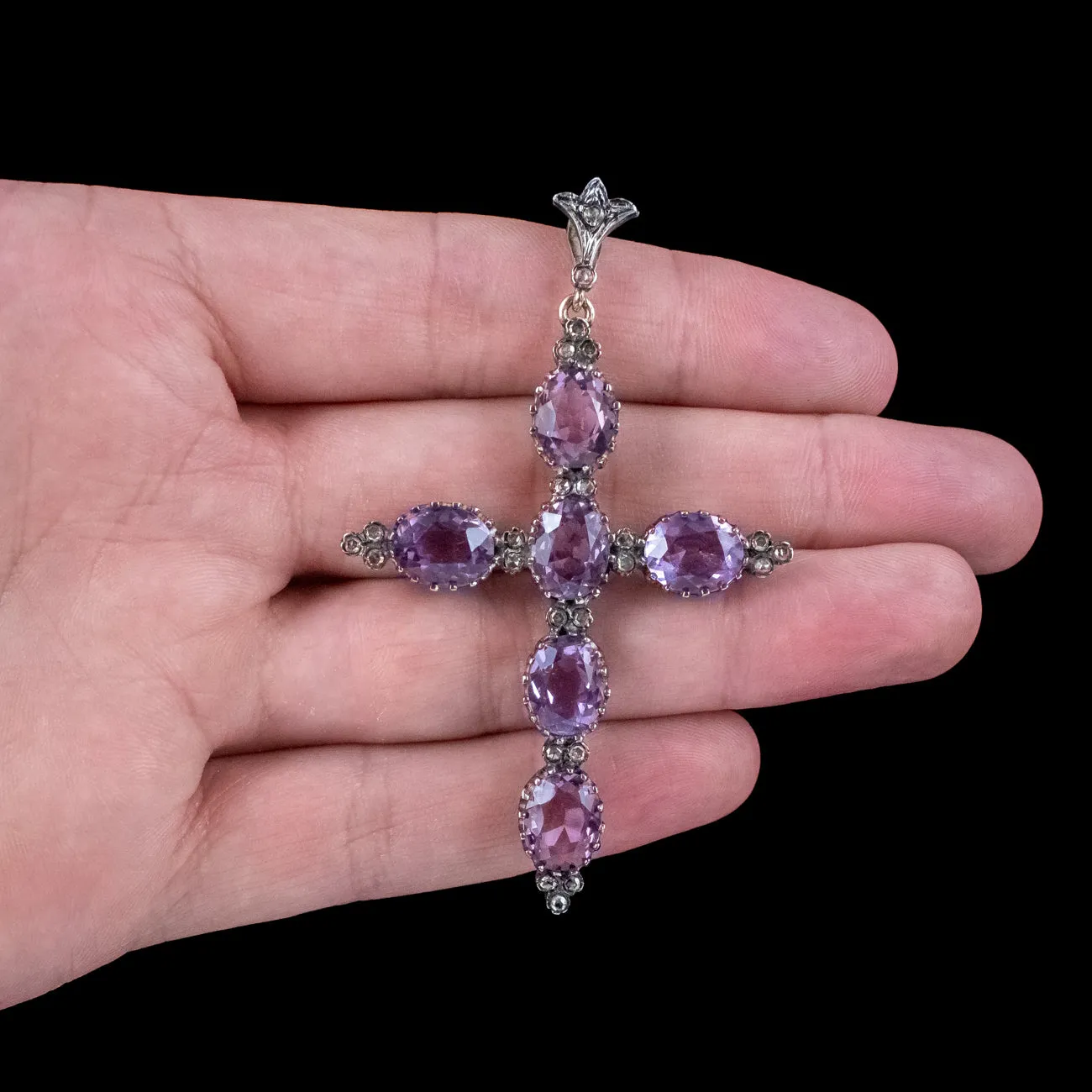 Antique Victorian Amethyst Diamond Cross Pendant 13.8ct Of Amethyst