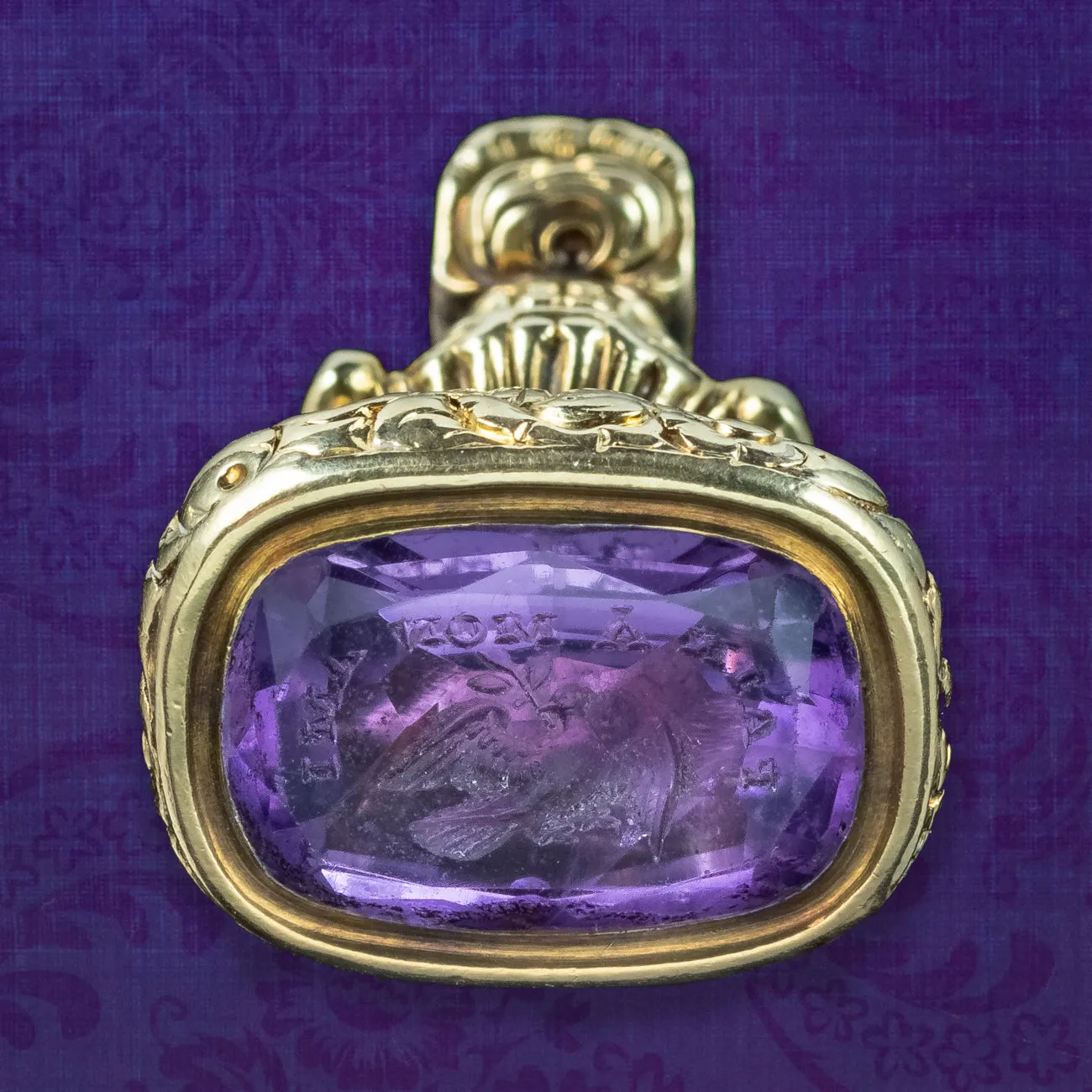 Antique Victorian Amethyst Intaglio Fob Pendant 18ct Gold