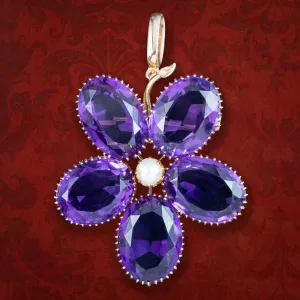 Antique Victorian Amethyst Pearl Leaf Pendant 15ct Gold