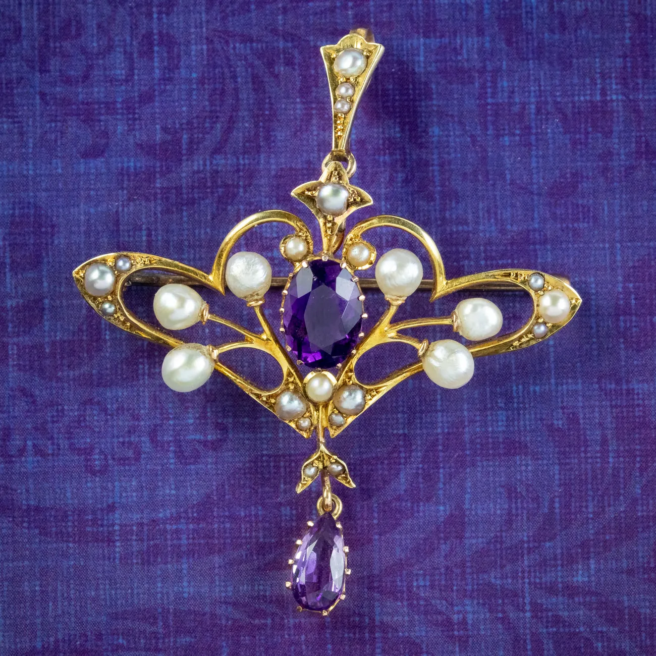 Antique Victorian Amethyst Pearl Pendant Brooch 18ct Gold