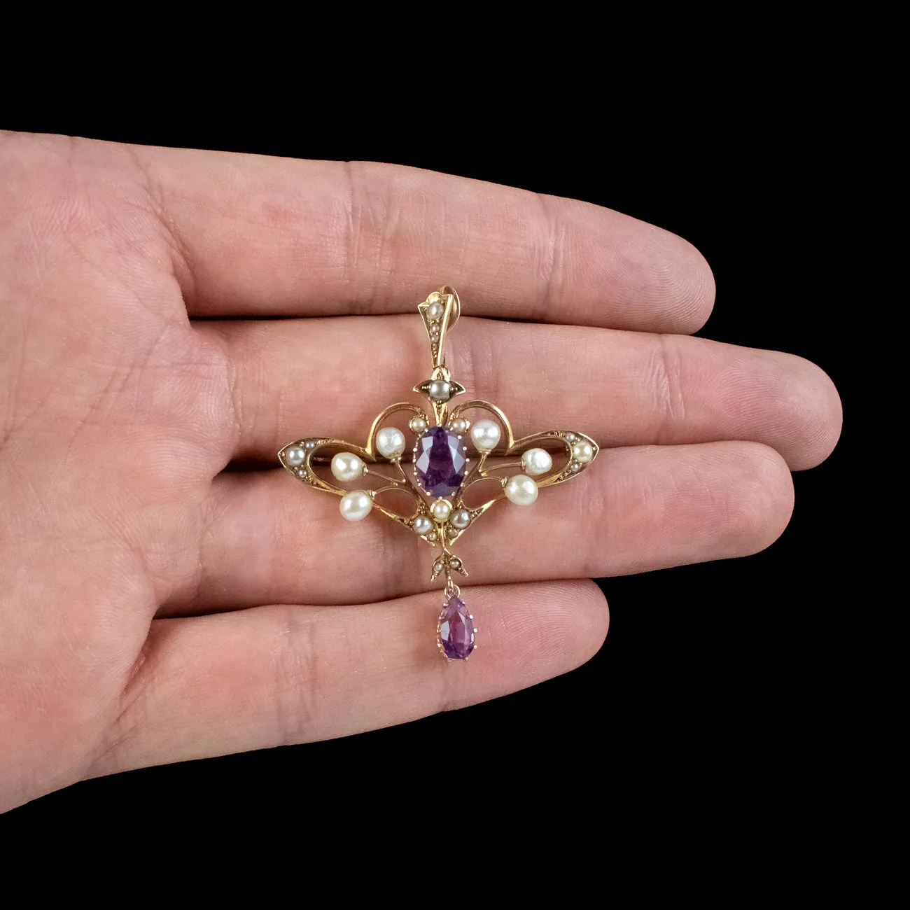 Antique Victorian Amethyst Pearl Pendant Brooch 18ct Gold