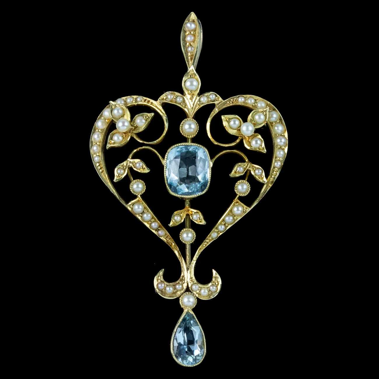 Antique Victorian Aquamarine Pearl Pendant 15ct Gold With Box