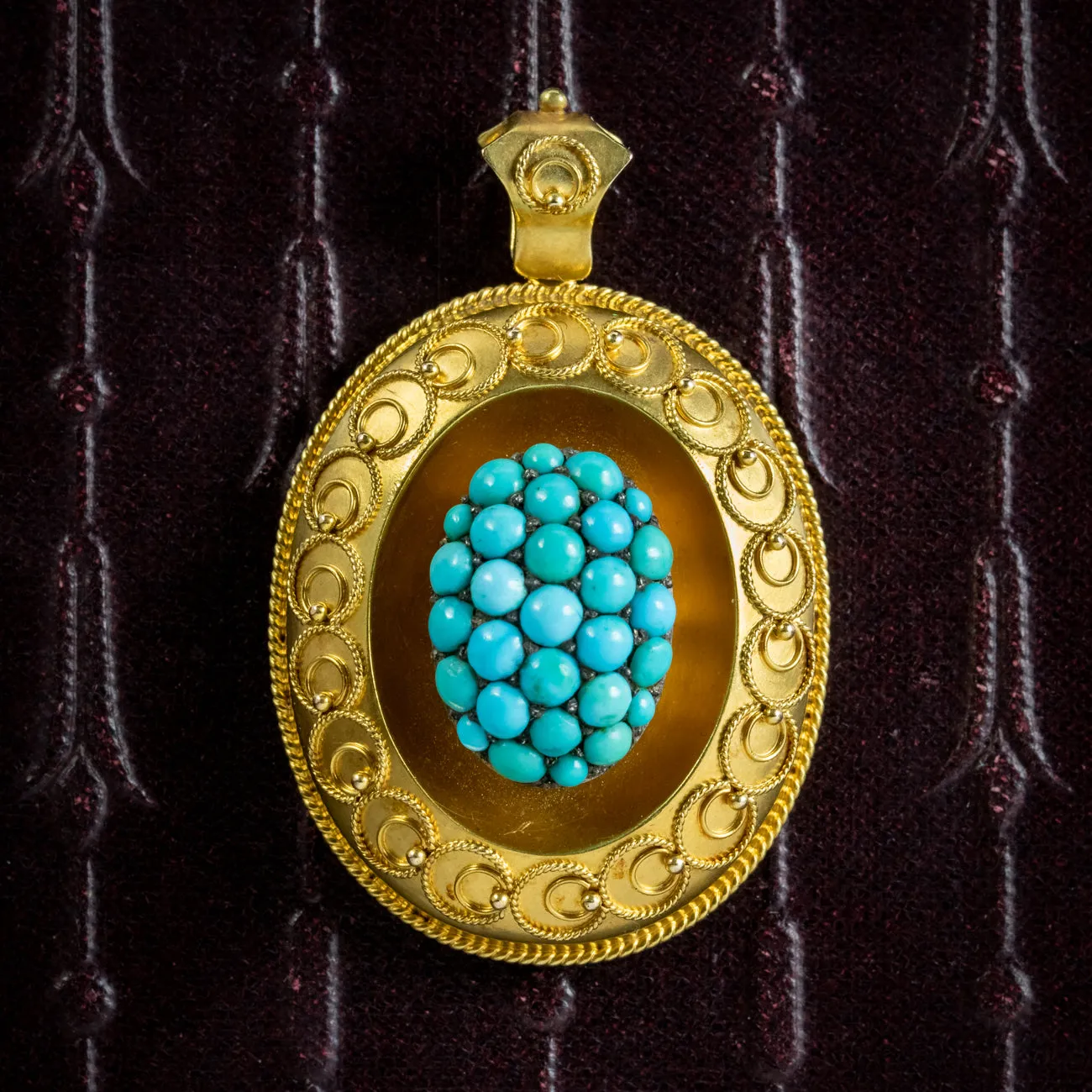 Antique Victorian Etruscan Turquoise Locket Pendant 18ct Gold Circa 1880