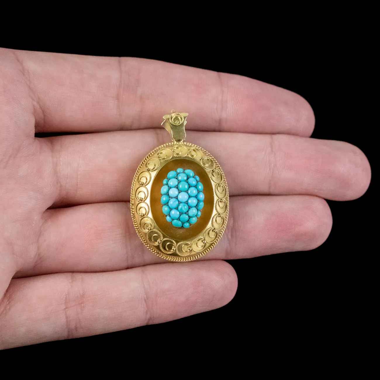 Antique Victorian Etruscan Turquoise Locket Pendant 18ct Gold Circa 1880