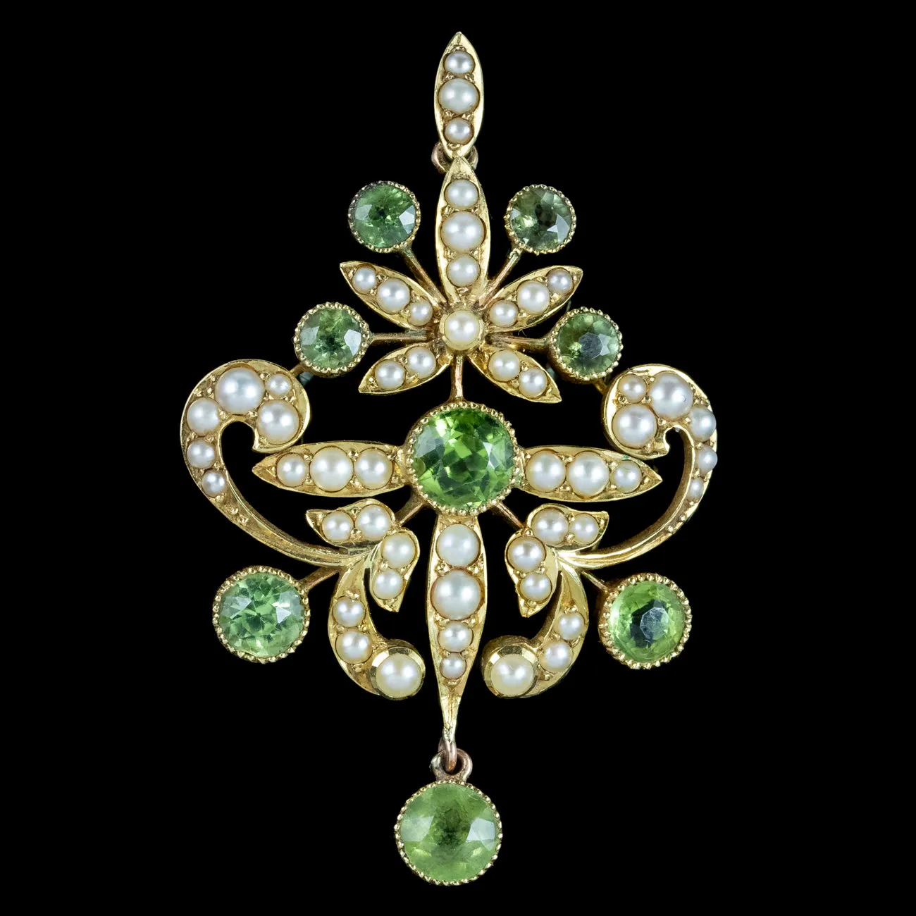 Antique Victorian Peridot Pearl Pendant 15ct Gold