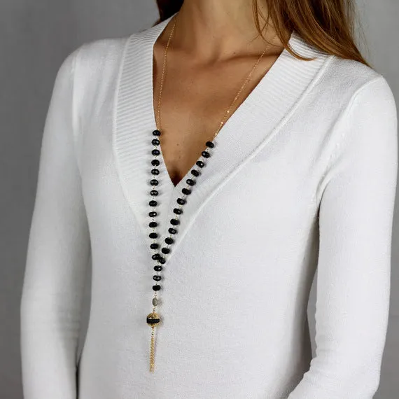 Black Onyx Lava Long Necklace in Gold Filled