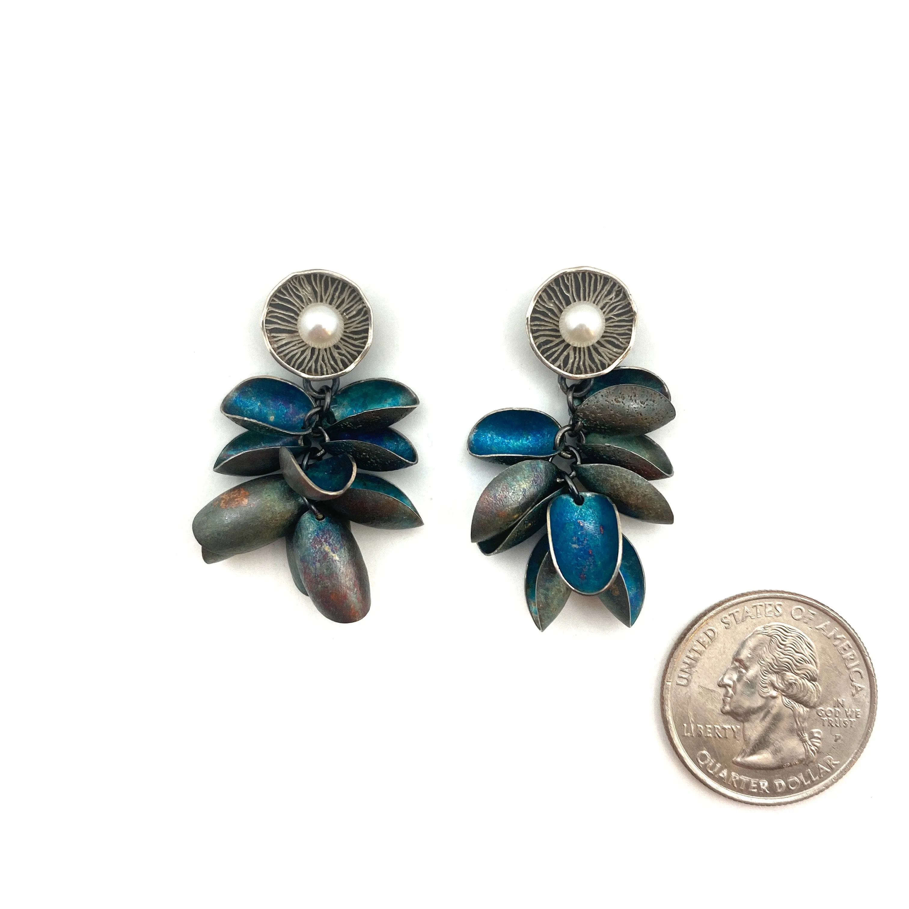 Blue Petal and Pearl Earrings