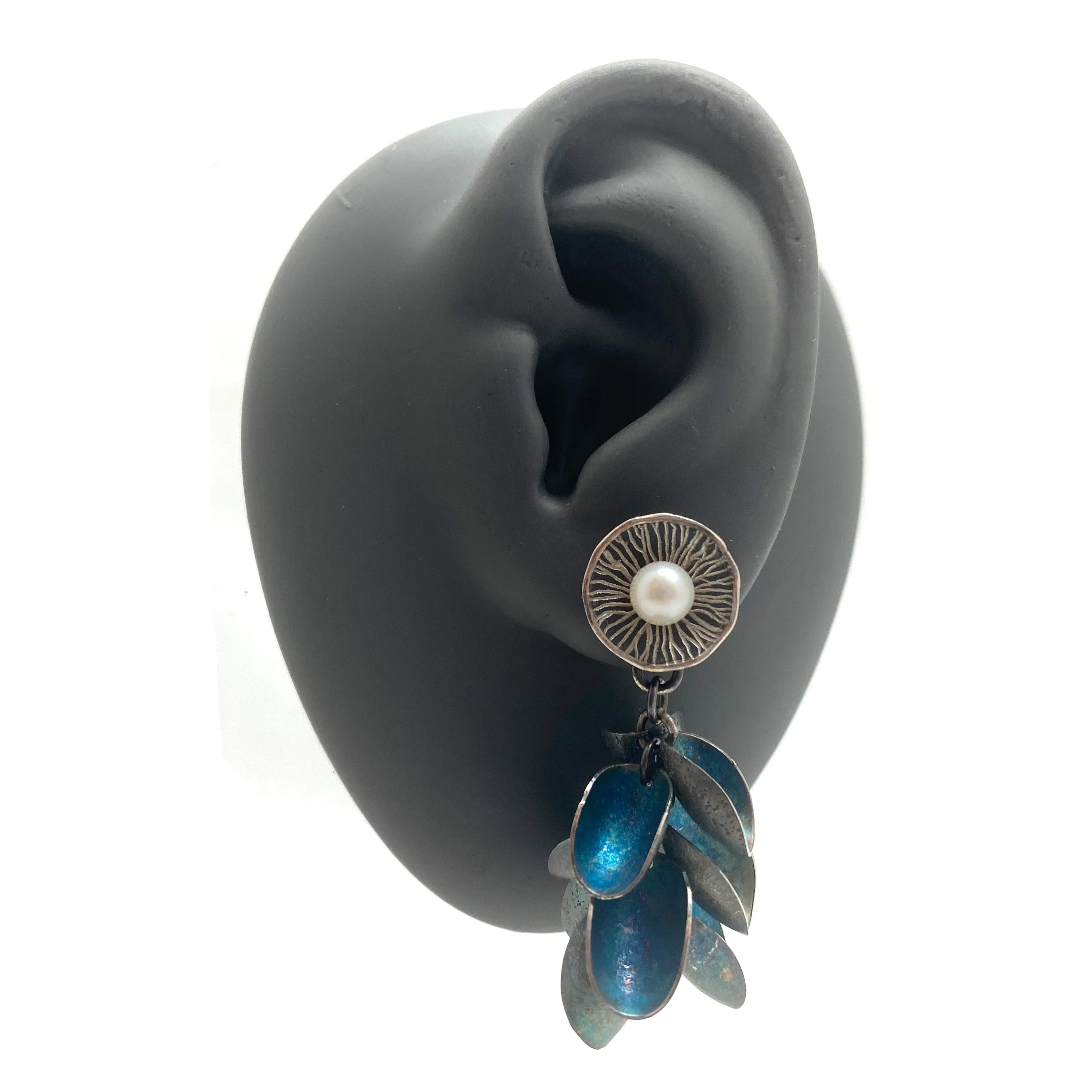 Blue Petal and Pearl Earrings