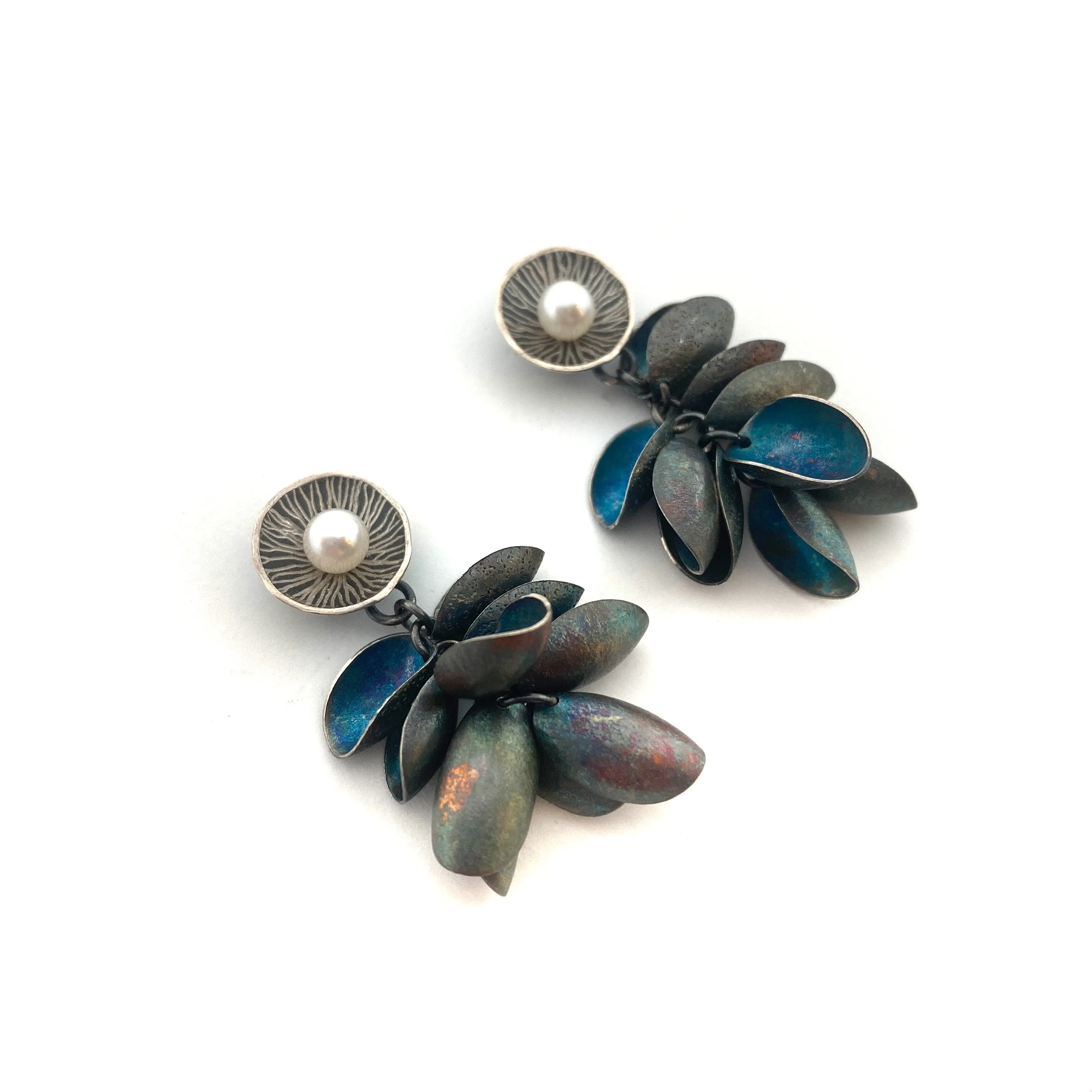 Blue Petal and Pearl Earrings