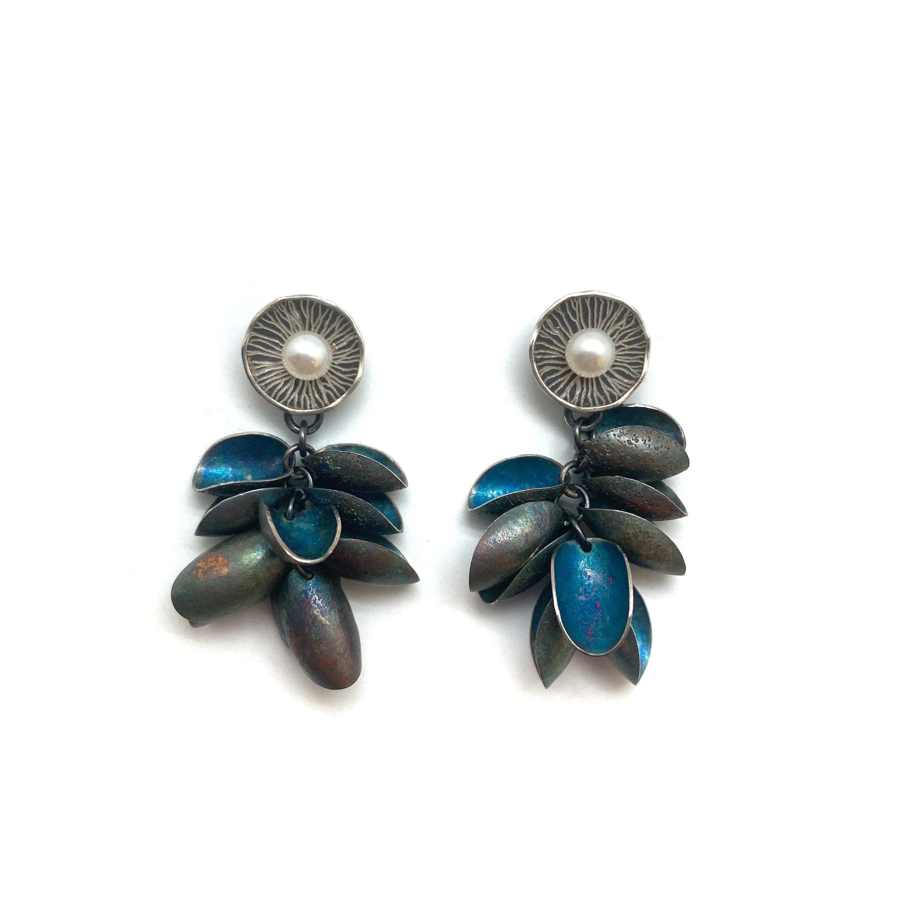 Blue Petal and Pearl Earrings