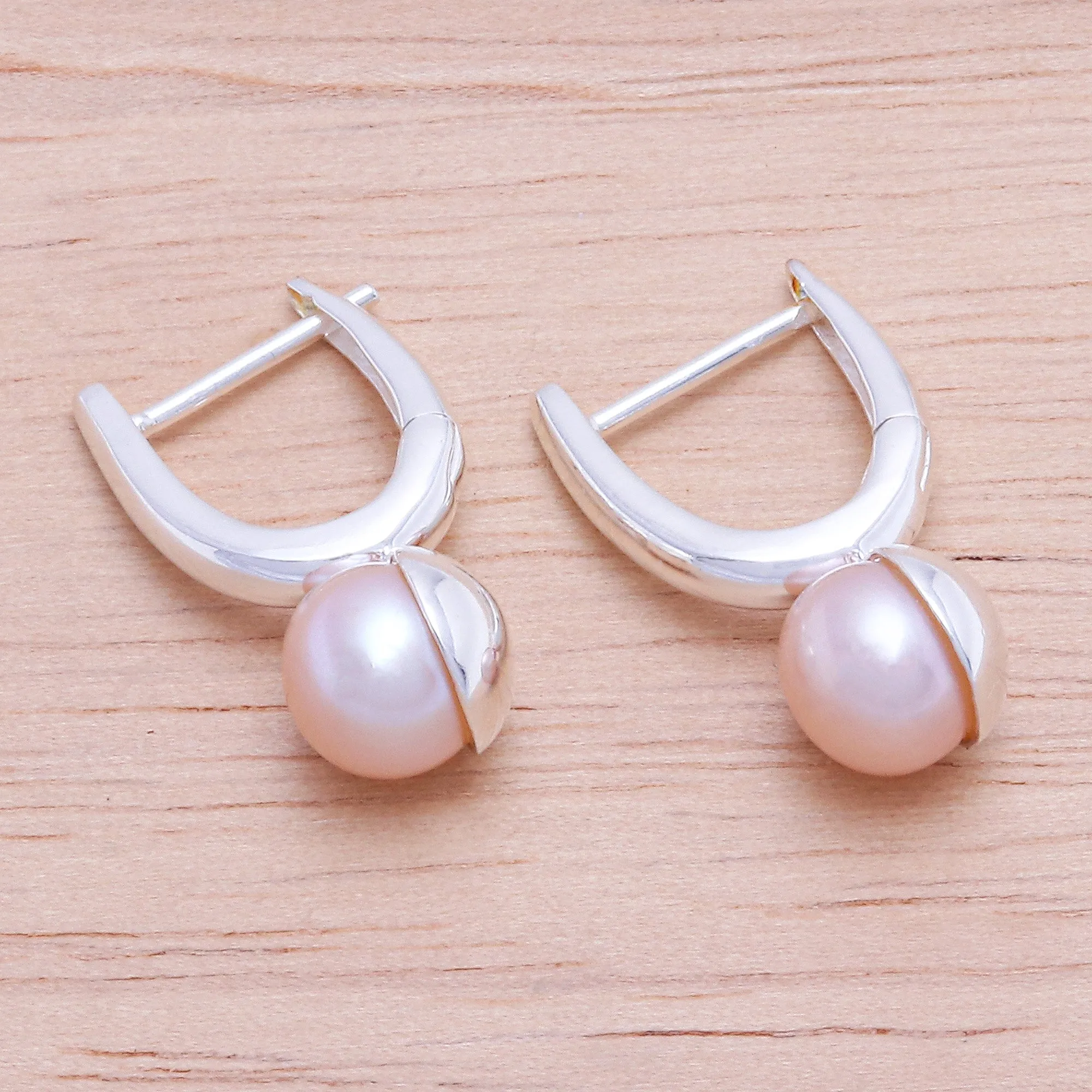 Cultured Pearl and Sterling Silver Drop Earrings - Mood Lift in Peach | NOVICA