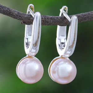 Cultured Pearl and Sterling Silver Drop Earrings - Mood Lift in Peach | NOVICA